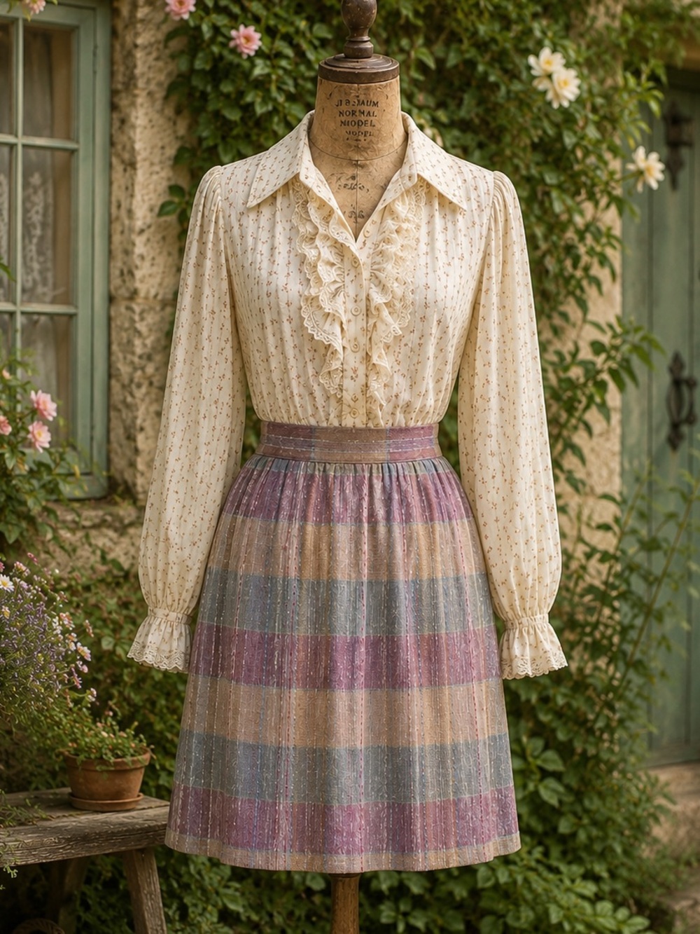 1970s Pastel Striped Home Sewn Midi Skirt, possibly Cotton / Linen Blend